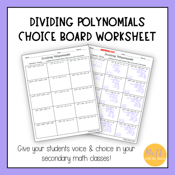 Dividing Polynomials choice board worksheet thumbnail 2