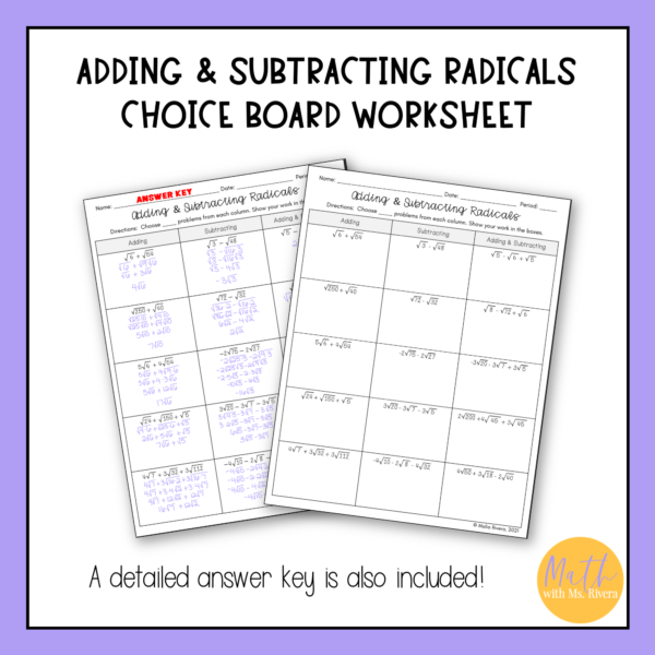 Adding and Subtracting Radicals Choice Board Worksheet for Algebra 1 thumbnail 1