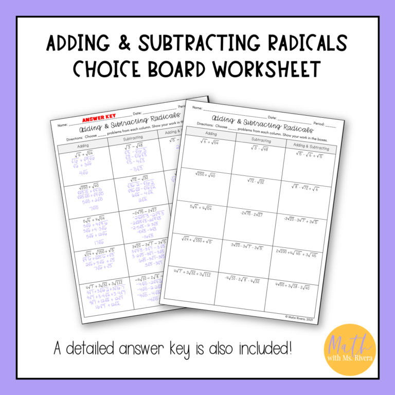 Adding and Subtracting Radical Expressions Worksheet Choice Board ...