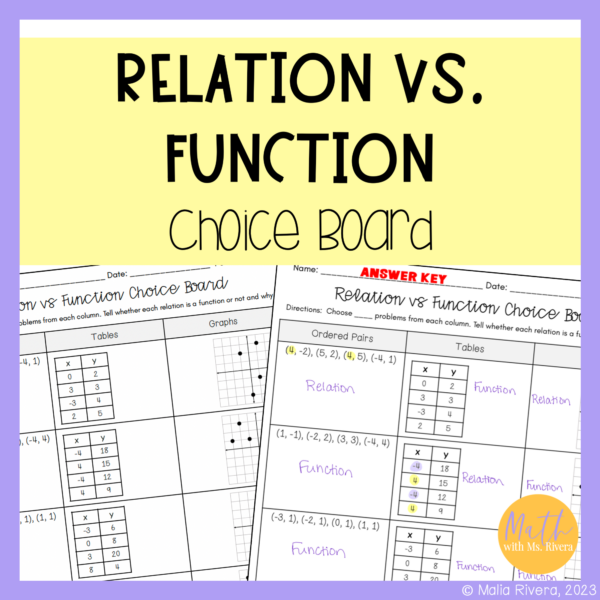 Relation vs Function Worksheet Choice Board for 8th Grade Pre Algebra