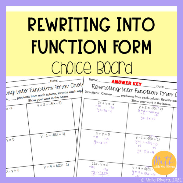 Rewriting Functions & Slope Intercept Form Worksheet Choice Board for Algebra 1