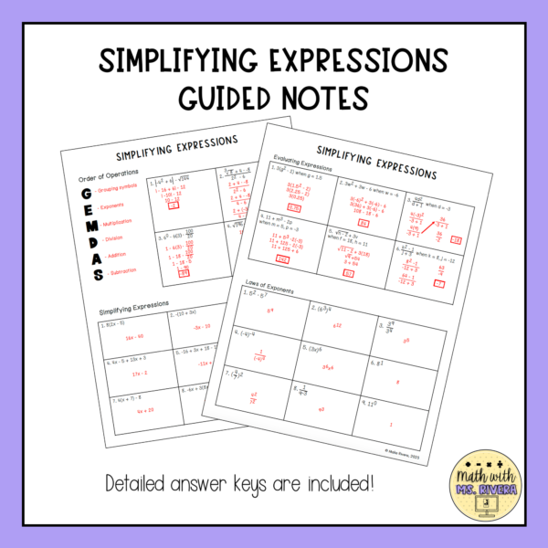 Simplifying Expressions Review Guided Notes for Algebra 2 thumbnail 2