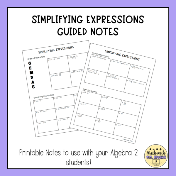 Simplifying Expressions Review Guided Notes for Algebra 2 thumbnail 1