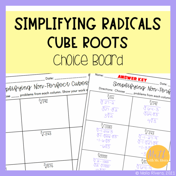 Simplifying Radical Expressions Cube Roots Worksheet Choice Board for ...