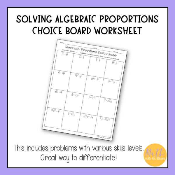 Solving Algebraic Proportions Choice Board Worksheet for Algebra 1 Thumbnails 3