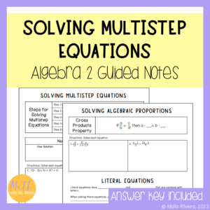 Solving Multi Step Equations Review Guided Notes for Algebra 2 Cover