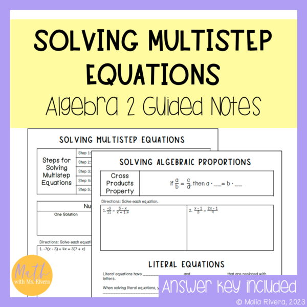 Solving Multi Step Equations Review Guided Notes for Algebra 2 Cover