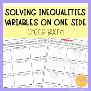 Solving and Graphing Multi Step Inequalities with Variables on One Side Choice Board