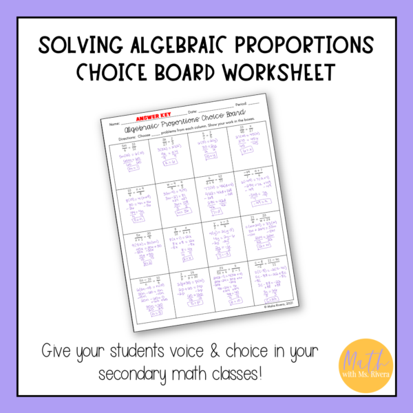 Solving Algebraic Proportions Choice Board Worksheet for Algebra 1 Thumbnails 2