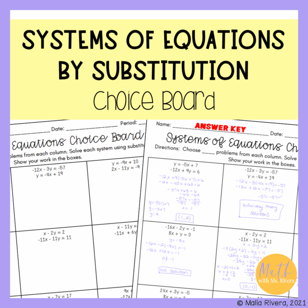 Solving Systems of Equations by Substitution Worksheet Choice Board ...