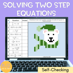 Solving Two Step Equations Winter Pixel Art Digital Self Checking for 7th Grade