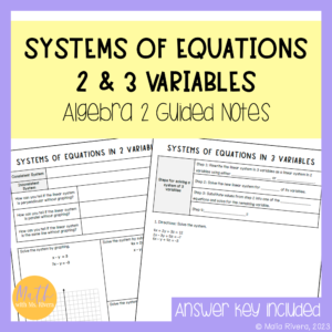 Systems of Equations with 2 and 3 Variables Guided Notes for Algebra 2 Cover