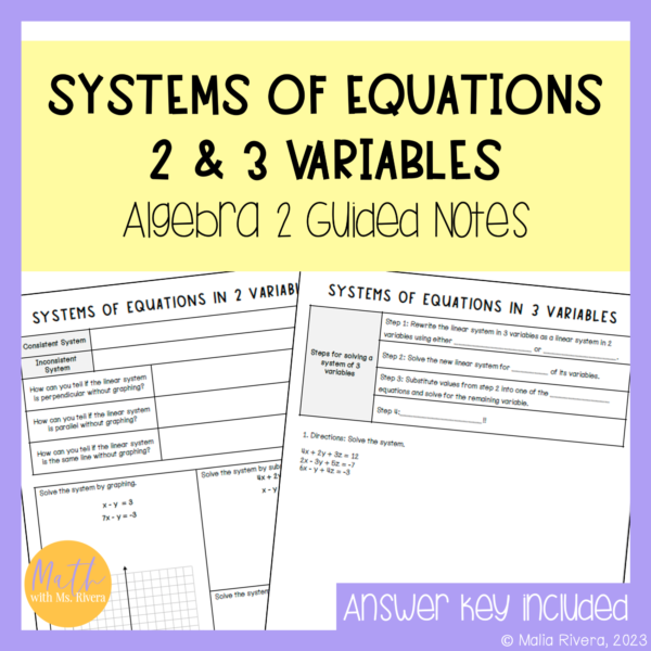 Systems of Equations with 2 and 3 Variables Guided Notes for Algebra 2 Cover