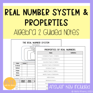 The Real Number System Properties Review Guided Notes for Algebra 2 COVER