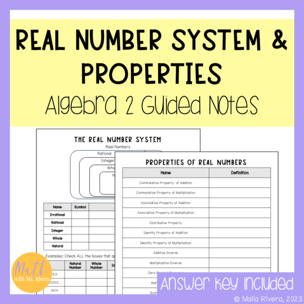 The Real Number System Properties Review Guided Notes for Algebra 2 COVER