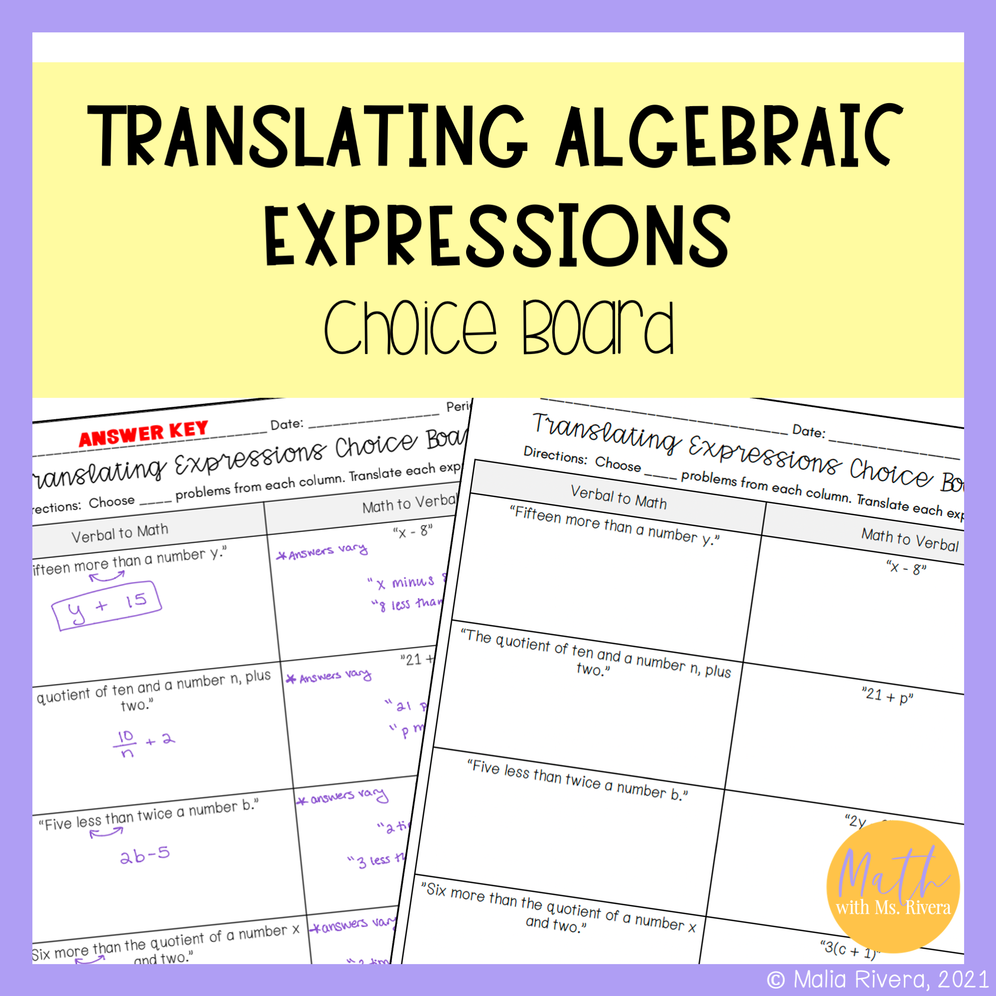translating-algebraic-expressions-choice-board-worksheet-COVER