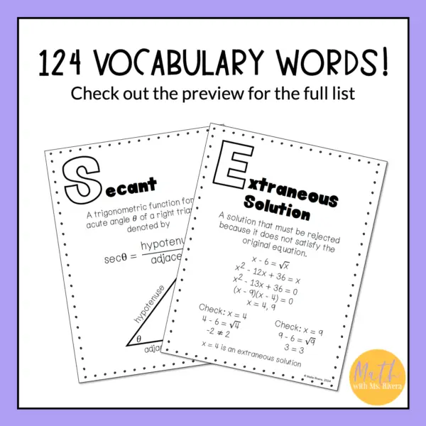 Algebra 2 Vocabulary Posters Full Year Word Wall Classroom Decor thumbnail 3