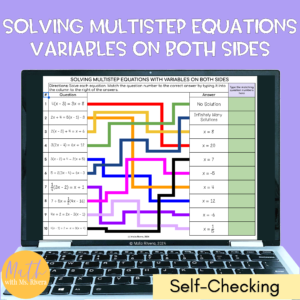 Solving Multistep Equations Variables Both Sides Self Checking Digital Matching Activity Cover