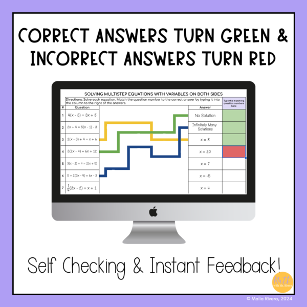 Solving Multistep Equations Variables Both Sides Self Checking Digital Matching Activity Thumbnail 2