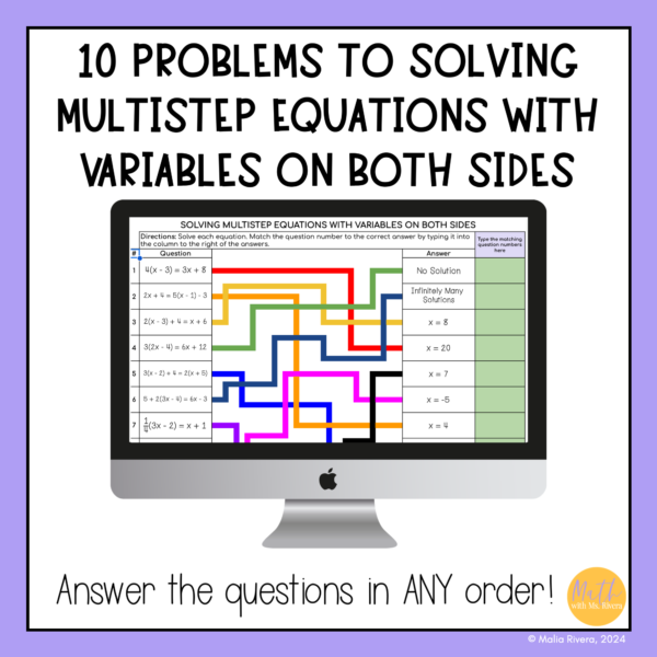 Solving Multistep Equations Variables Both Sides Self Checking Digital Matching Activity