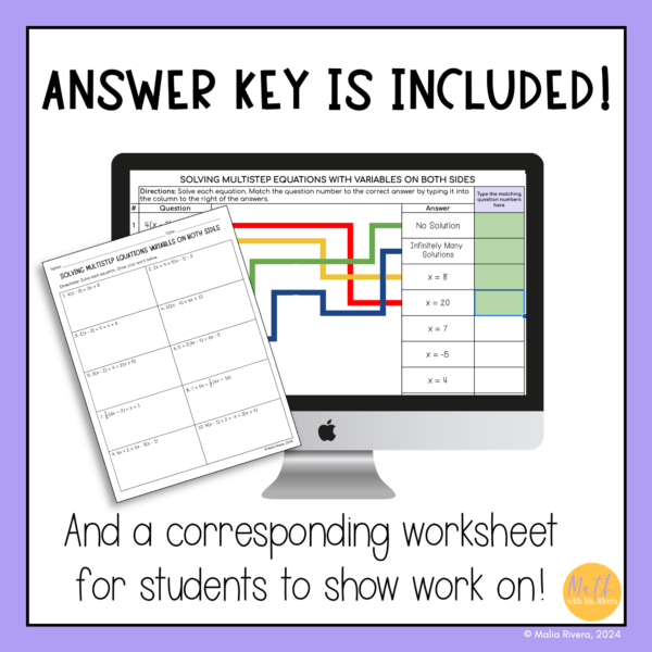 Solving Multistep Equations Variables Both Sides Self Checking Digital Matching Activity Thumbnail 3