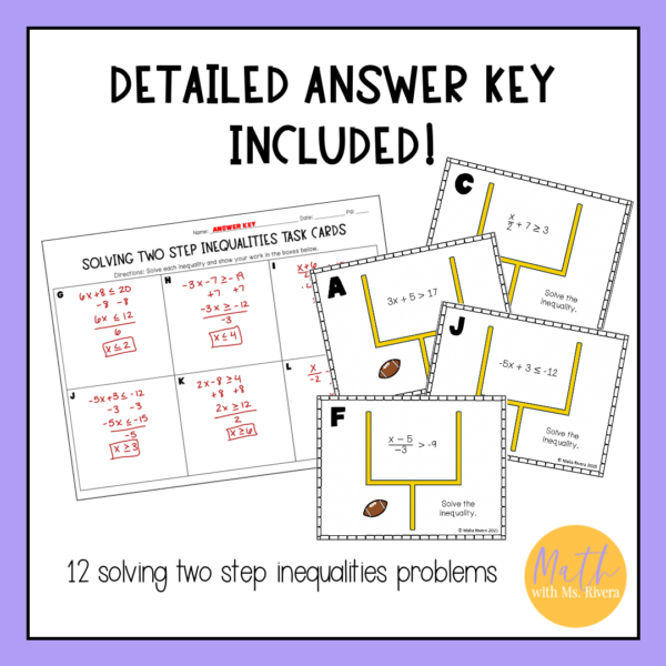 Solving Two Step Inequalities Football Self Checking Task Cards 7th Grade Math - Image 2