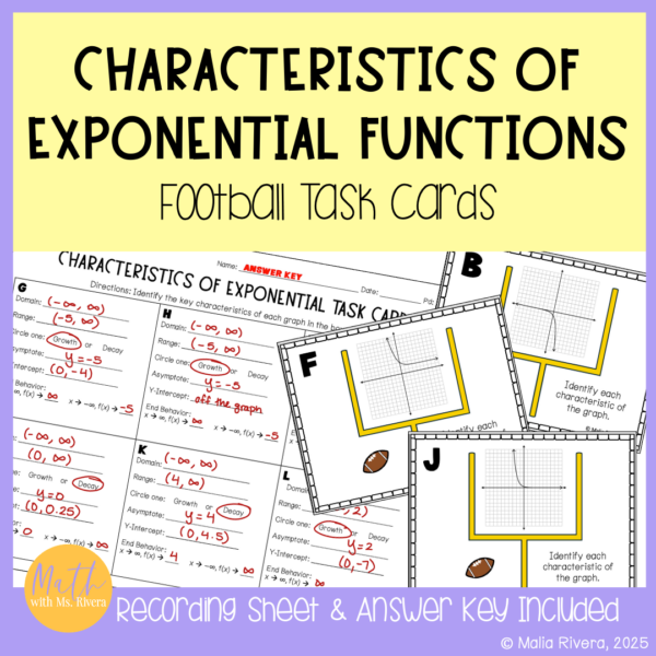 Characteristics of Exponential Functions Football Task Cards Activity | Algebra 2