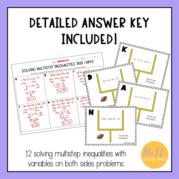 Solving Multi Step Inequalities with Variables on Both Sides Football Task Cards | Algebra 1 - Image 2