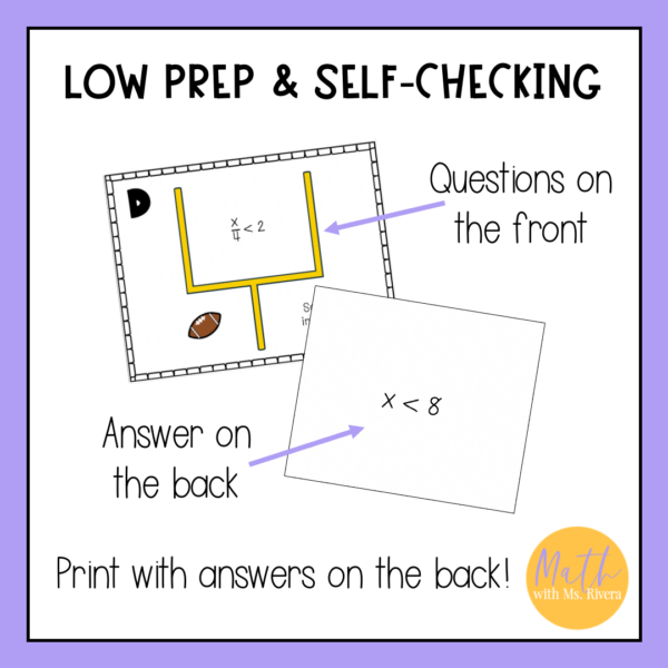 Solving One Step Inequalities Football Themed Task Cards for 6th Grade Math - Image 4