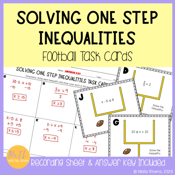 Solving One Step Inequalities Football Themed Task Cards for 6th Grade Math