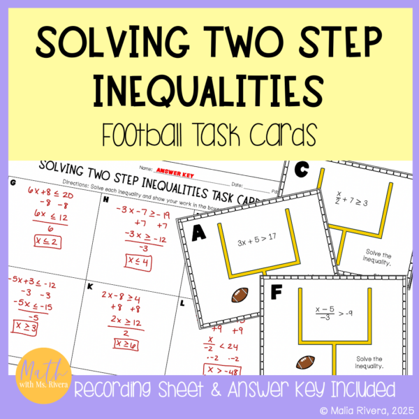 Solving Two Step Inequalities Football Self Checking Task Cards 7th Grade Math