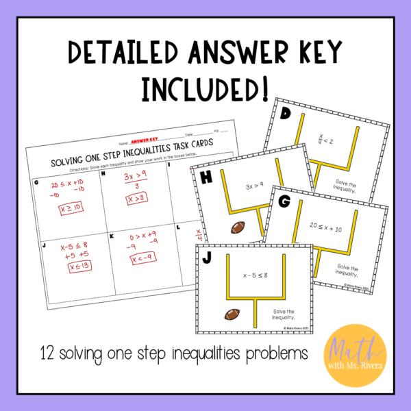 Solving One Step Inequalities Football Themed Task Cards for 6th Grade Math - Image 3