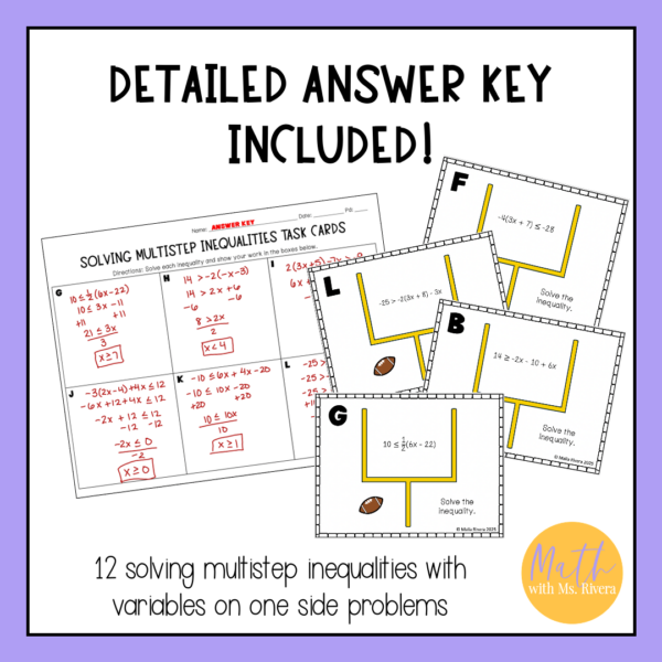 Solving Multi Step Inequalities with Variables on One Side Football Task Cards Activity | 8th Grade Pre Algebra - Image 2