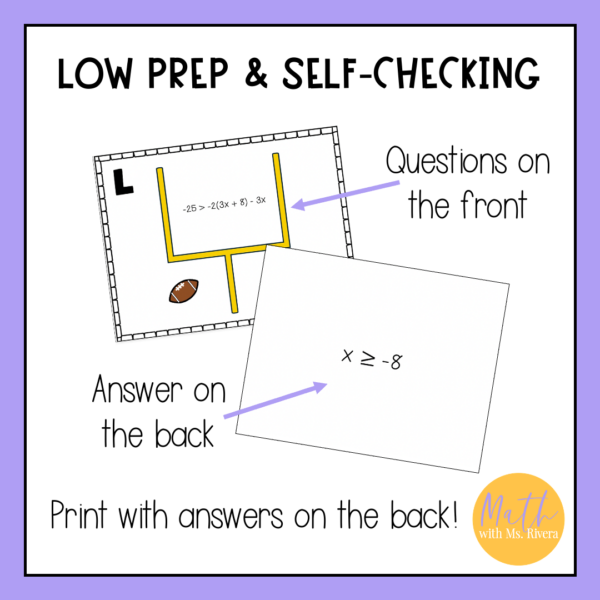 Solving Multi Step Inequalities with Variables on One Side Football Task Cards Activity | 8th Grade Pre Algebra - Image 4