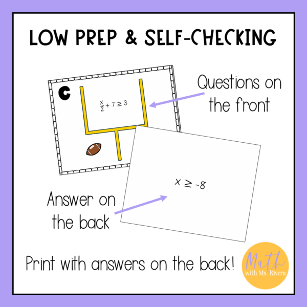 Solving Two Step Inequalities Football Self Checking Task Cards 7th Grade Math - Image 3