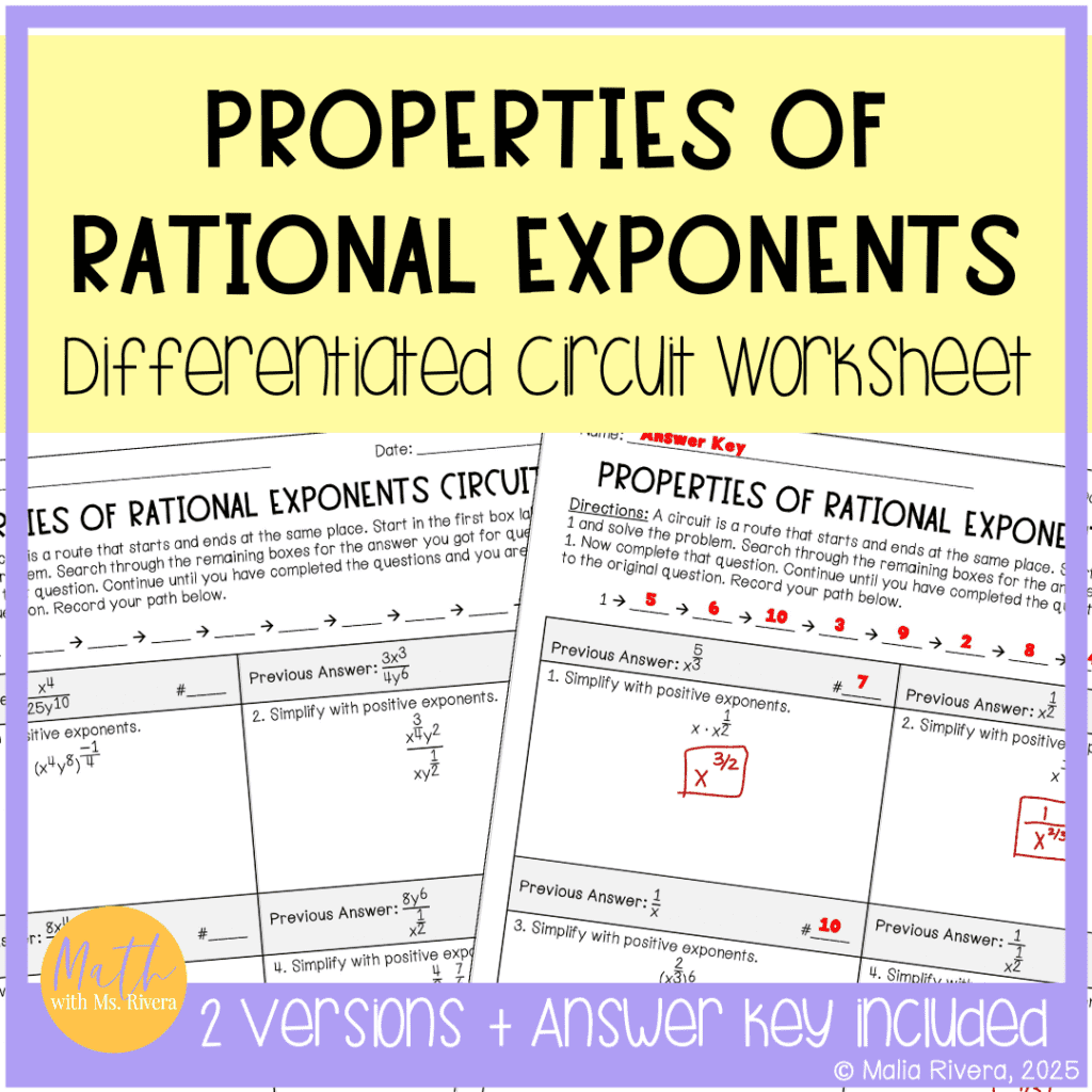 Properties of Rational Exponents Differentiated Circuit Worksheet for ...