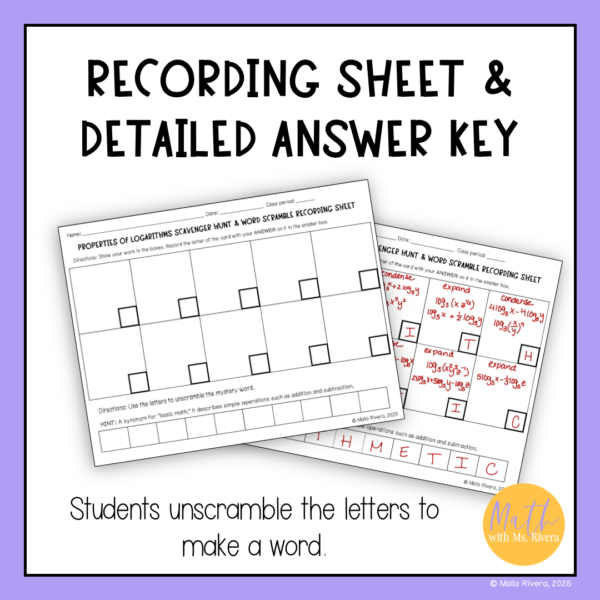 Expanding & Condensing Logarithms Scavenger Hunt & Mystery Word Scramble for Algebra 2 - Image 3