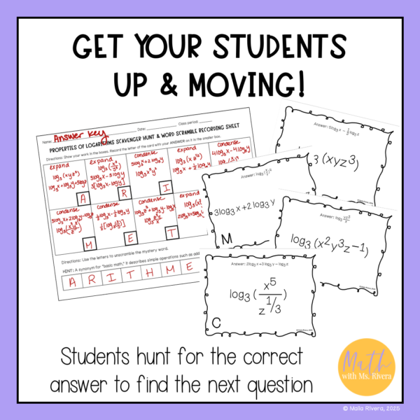 Expanding & Condensing Logarithms Scavenger Hunt & Mystery Word Scramble for Algebra 2 - Image 4