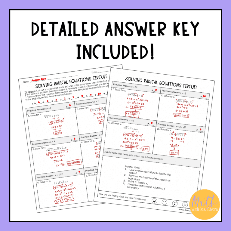 Solving Radical Equations Differentiated Circuit Worksheet for Algebra ...