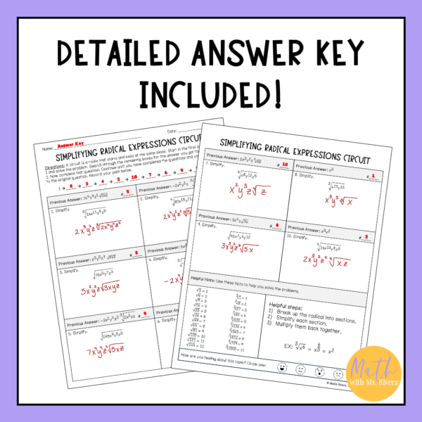 Simplifying Radical Expressions with Variables Differentiated Circuit Worksheet for Algebra 2 - Image 2