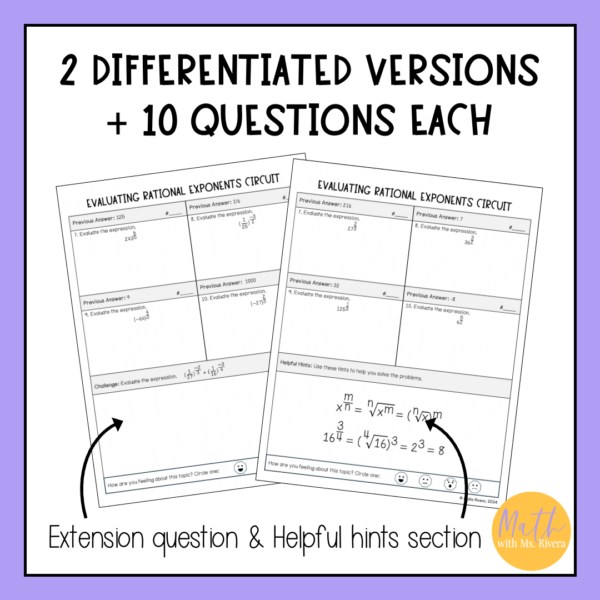 Evaluating Rational Exponent Expressions Differentiated Circuit Worksheet for Algebra 2 - Image 2