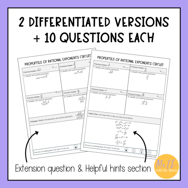 Properties of Rational Exponents Differentiated Circuit Worksheet for Algebra 2 - Image 2