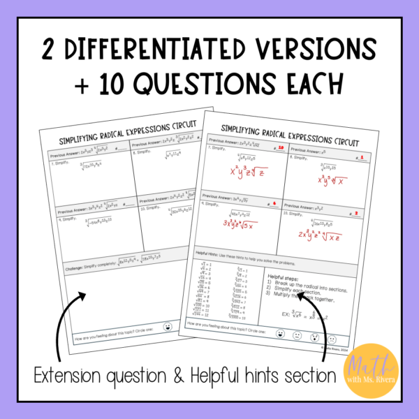 Simplifying Radical Expressions with Variables Differentiated Circuit Worksheet for Algebra 2 - Image 4