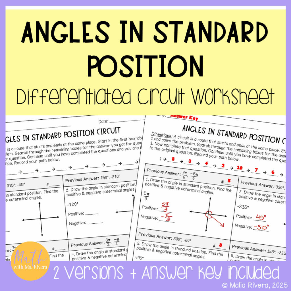 Angles in Standard Position Differentiated Circuit Worksheet ...
