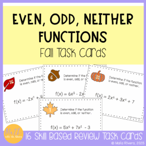 Even Odd Neither Functions Self Checking Task Cards Activity for Algebra 2