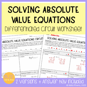 Solving Absolute Value Equations Differentiated Circuit Worksheet Algebra 2