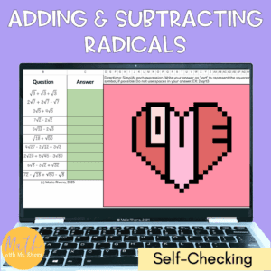Adding and Subtracting Radical Expressions Valentine's Day Pixel Art Digital Activity COVER