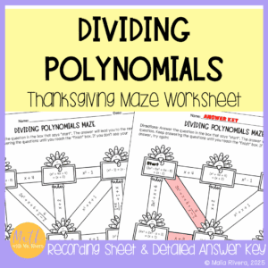 Dividing Polynomials Thanksgiving Maze Worksheet for Algebra 2 COVER