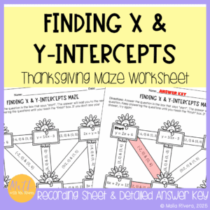 Finding X and Y Intercepts from Equations Maze Worksheet Thanksgiving Algebra 1 COVER