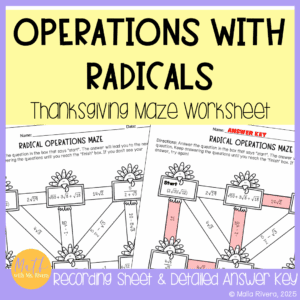 Operations with Radicals Maze Worksheet for Algebra 2 Thanksgiving Activity COVER